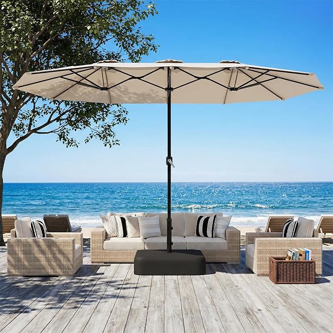 AECOJOY 15x9ft Patio Umbrella with Base Included, Outdoor Double-Sided Rectangle Umbrella with Crank Handle, Market Umbrella for Deck Pool Patio Garden(1.9" Pole, Beige)