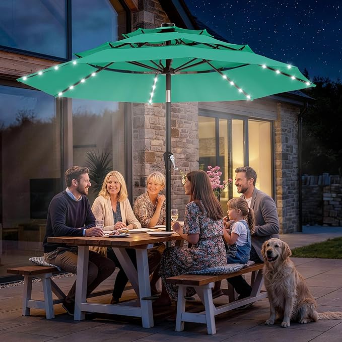 AreShark 9ft 3 Tiers Patio Umbrella with Solar Lights, Outdoor Umbrella w/ 32 LED Lights&8 Sturdy Ribs, Table Umbrella for Deck, Backyard, Pool (Turquoise)