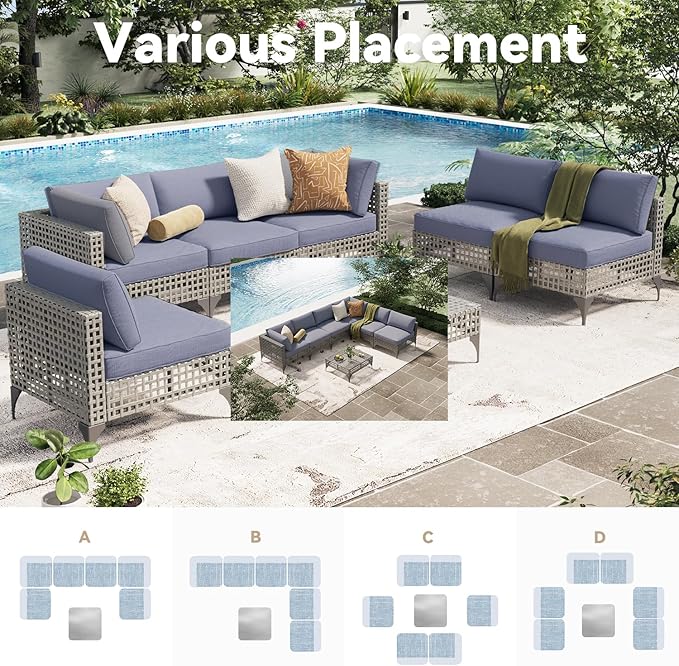 AECOJOY 7-Piece Patio Outdoor Furniture Set with Tea Table, Boho Outdoor Sectional Furniture Sofa PE Rattan Wicker Conversation Set, Grey Rattan&Blue Cushions