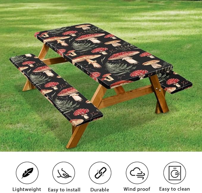 Mushroom Picnic Table Cover with Bench Covers Foldable Outdoor Camping Tablecloth Dustproof Elastic Waterproof Picnic Table Cover 3 Piece Set Suitable for BBQ Picnic Party Camping