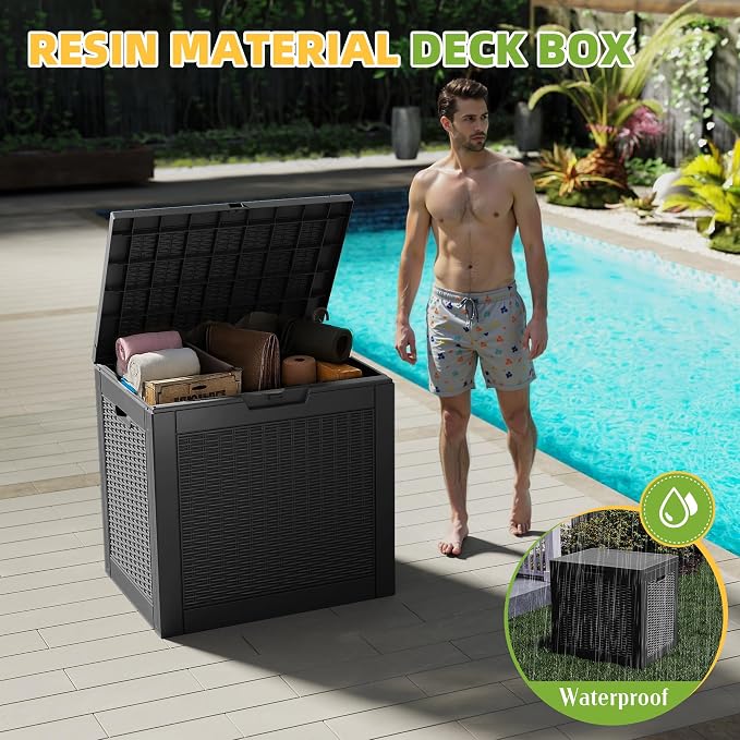 Vixzen 31 Gallon Waterproof Large Deck Box, Lockable Resin Outdoor Storage Box with Hydraulic Lid, Durable Storage Bin for Patio Furniture Cushions, Garden Tools, Pool Accessories, Black