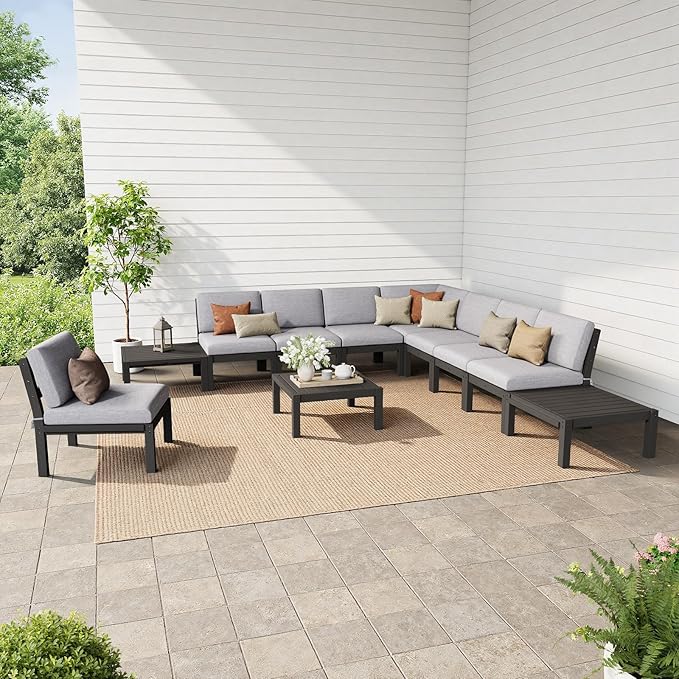 Stoog Modular Patio Sofa Set, 11-Piece Outdoor Sectional Sofa Set - Gap-Free & No Shifting Design, Waterproof HIPS Frame & Olefin Cushions, for Poolside Backyard, Black