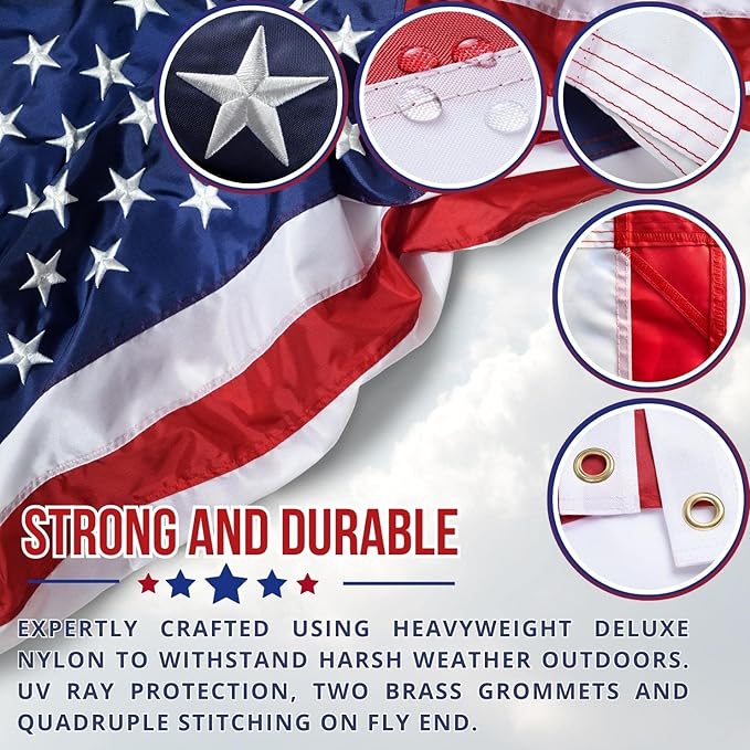 American Flag - Heavy-Duty US Flag - Embroidered Stars - Nylon USA Flag Built for Outdoors - Sewn Stripes - UV Protection - Brass Grommets (6x10 ft)