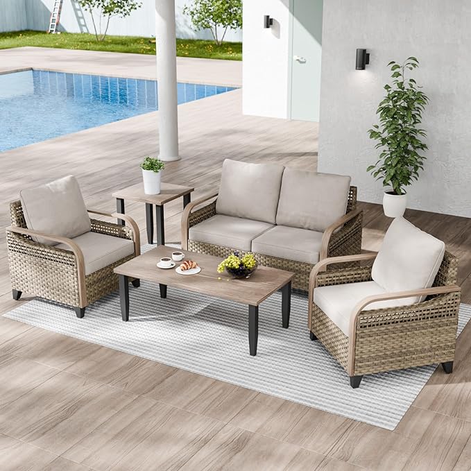 Modern Wicker Patio Furniture Set, Rattan Outdoor Conversation Set with Comfortable Cushions, 2 Patio Chairs, 2 Seat Loveseat, Coffee Table and Side Table, 5 Pieces, Brown/Gray