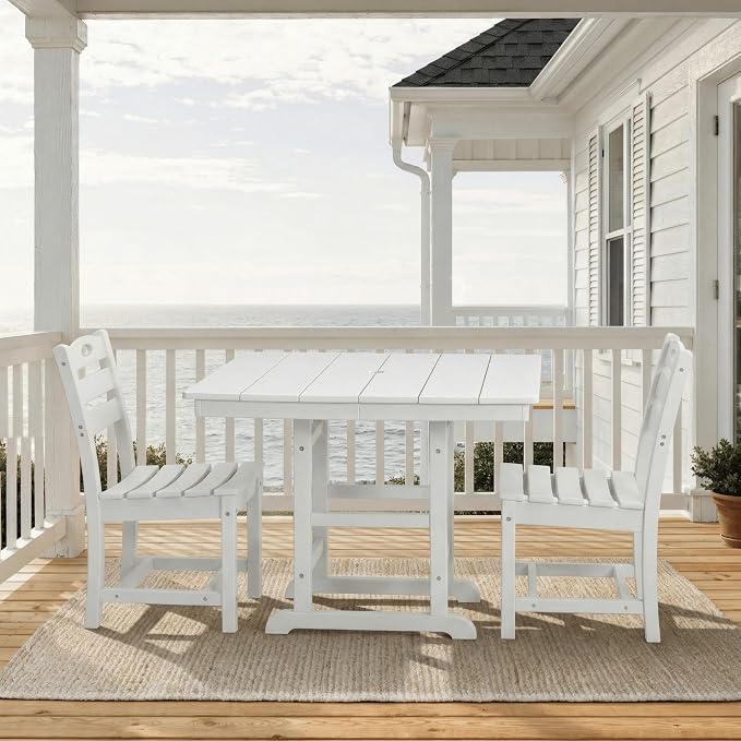 3-Pcs Outdoor Patio Dining Table Set of 3, Outdoor Patio Square 37.8'' Dining Table Set for Lawn Garden Backyard, HDPE Material & 1.7'' Umbrella Hole (Armless Chair, White)
