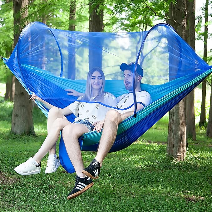 LFL Camping Hammock with Mosquito Net, with Tree Straps Carabiners, 1 & 2 Persons Outdoor Portable Tree Straps Swing Hammock, Nylon Parachute Outside Material Hammocks with Net, Blue