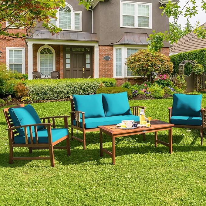 Tangkula 4 PCS Acacia Wood Patio Furniture Set, Outdoor Seating Chat Set w/Gray Cushions Back Pillow, Outdoor Conversation Set w/Coffee Table for Garden, Backyard, Poolside (Turquoise)