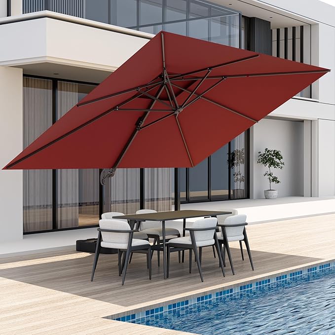 10x13 FT Cantilever Patio Umbrella, Large Rectangular Heavy Duty Offset Outdoor Umbrellas with 360° Rotation for Garden Deck Pool, Red