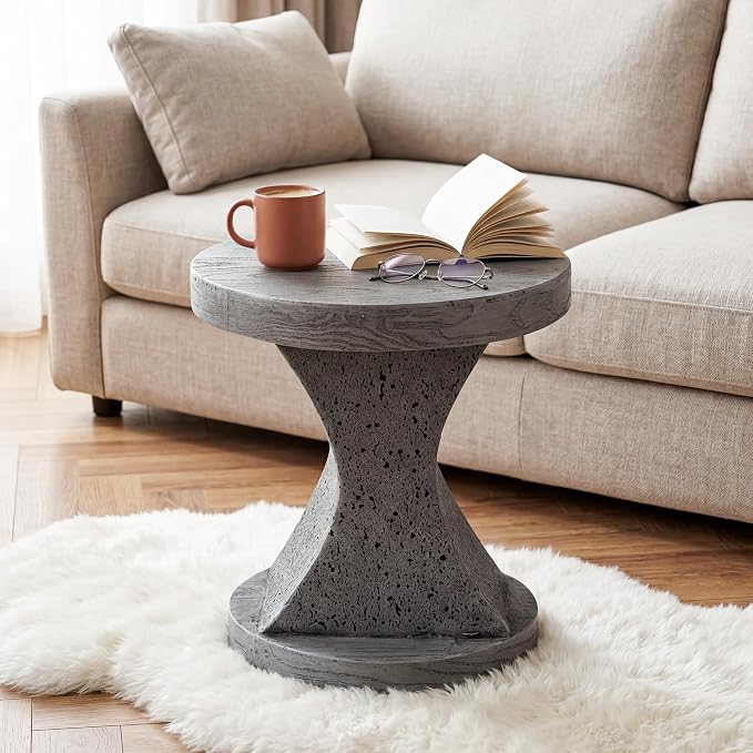 SUNBURY Outdoor Side Table Medium, 20" H Hourglass Design Outdoor Accent End Table, Patio Side Tables, Outside Coffee Tables, Concrete Garden Stool End Table for Living Room, and Backyard, Grey