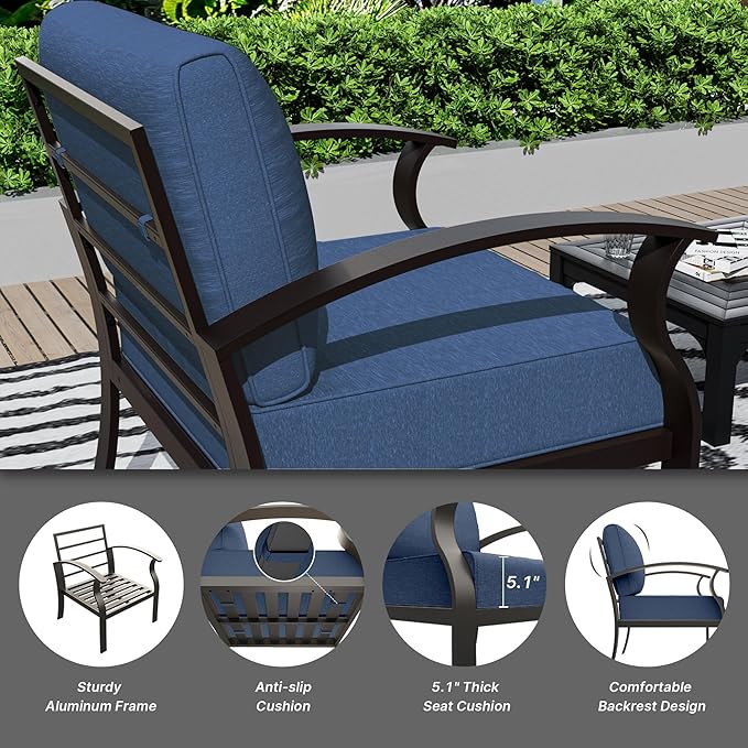 Gotland Aluminum Patio Furniture Set with Fire Pit Table, Metal Patio Furniture with 2 Swivel Rocking Chairs Waterproof 5.1'' Seat Cushions, Oversized Outdoor Sectional for Garden Balcony Porch Navy