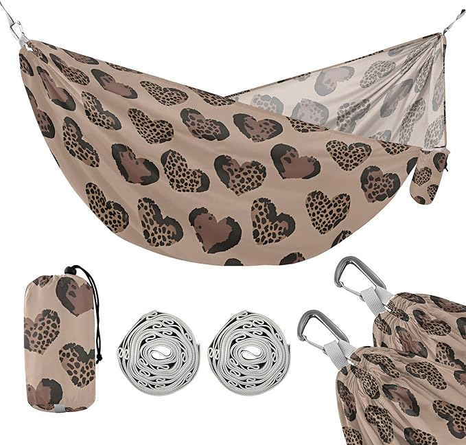 Camping Hammock Outdoor Hammocks for Outside Brown Heart Leopard Beach Trees Portable Lightweight with Pockets Tree Straps Indoor