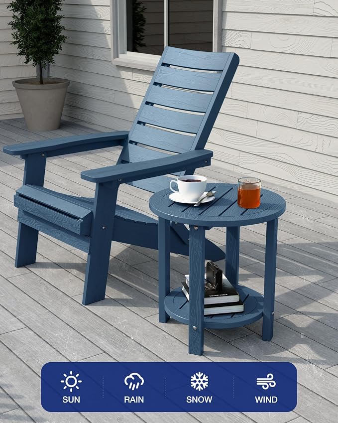 YEFU Outdoor Side Table for Patio: 16in HIPS Small Round Outdoor End Table - 2-Tier Adirondack Tables for Porch Patio Yard Poolside Living Room Beach Bedroom (Navy, 2 Pack)