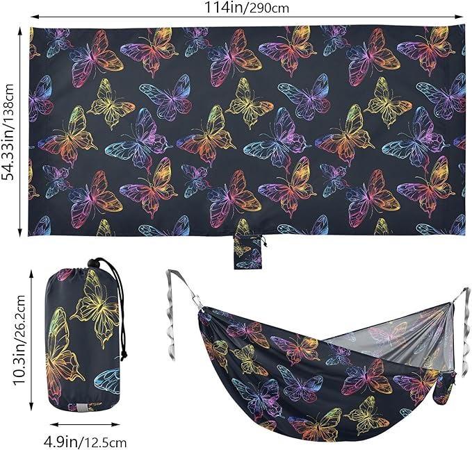 Camping Hammock Outdoor Hammocks for Outside Butterfly Dark Neon Beach Trees Portable Lightweight with Pockets Tree Straps Indoor