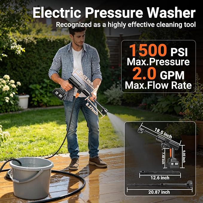 Cordless Pressure Washer, 1500 PSI Max Power Washer with 2x4.0Ah 21V Large Capacity Batteries & Brushless Motor, Portable Power Cleaner Kit with Storage Case & 6-in-1 Nozzle for Car/Fence/Patio/Home