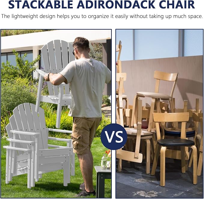 nevilywood 3-Piece HDPE Adirondack Chair Set, 2 Stackable Chairs Coffee Table, All-Weather Wood Grain, Patio Garden Backyard,White