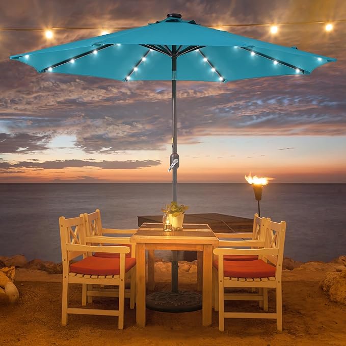 9ft Patio Umbrella Outdoor with Solar Lights,32 LED Lighted Table Market Umbrella with Tilt and Crank, 2-Year-Non-Fading, 8 Sturdy Ribs,for Pool, Deck, Garden,Backyard