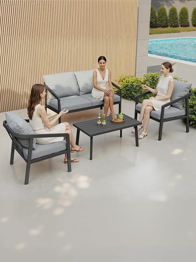 4 Pieces Outdoor Sofa Set, Never-Rust Aluminum Patio Conversation Set with Removable Cushions, Patio Furniture Set with Patio Loveseat, 2 Sofa Armchairs and Coffee Table for Pool, Deck, Black
