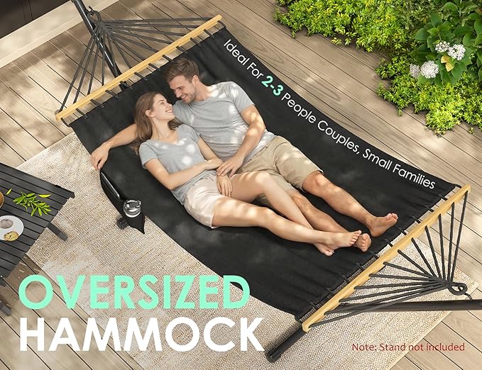 Hammock for Outside, Double Hammocks Without Stand, 2 Person, Spreader Wooden Bar, Side Storage, for Outdoor, Indoor, Patio (Black)
