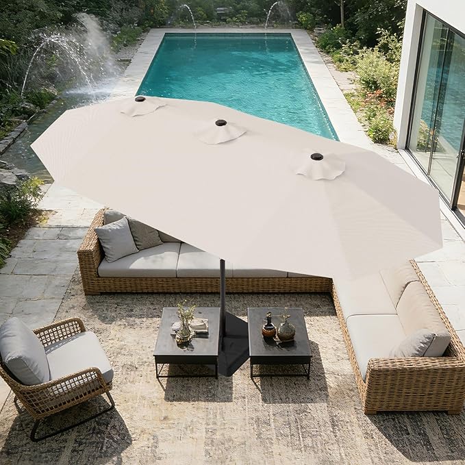 AreShark 15ft Patio Umbrella with Base, Double Sided Outdoor Umbrella with 12 Fiberglass Ribs, Large Outdoor Umbrella for Garden, Pool, Deck, Backyard & Market, Cream White
