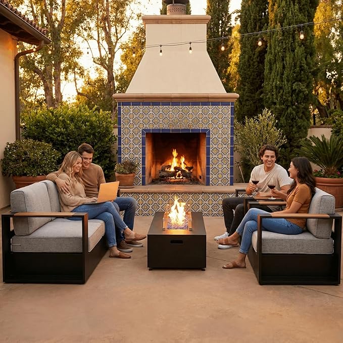 LayinSun 5 Pieces Aluminum Patio Furniture Set with Fire Pit Table, Oversized Outdoor Conversation Set 7 Seats with 6" Thick Cushions for Outside Porch, Balcony, Deck