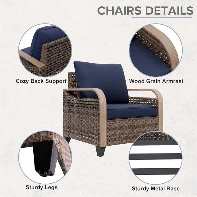 COOS BAY Modern Wicker Outdoor Furniture Set, 5 Piece Patio Conversation Set with 2 Patio Chairs, a Loveseat, Coffee Table and Side Table, 5 Piece, Brown/Blue