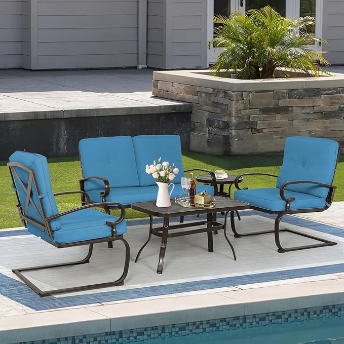 Oakcloud 5Pcs Metal Outdoor Furniture Patio Conversation Set (Loveseat, Coffee Table and Bistro Table, 2 Spring Chair) -Wrought Iron Patio Chair Set with Cushions (Blue)