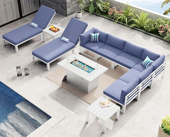NICESOUL 11 Pcs Large Contemporary Aluminum Outdoor Furniture Set with Chaise Lounge & Fire Pit Table, 29" Deep Wide Couch Set, 500 lbs Heavy Duty Comfy Patio Sectional Sofa for Poolside, Denim Blue