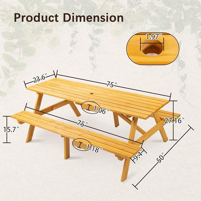 8 Person Rectangle Picnic Table, Outdoor Picnic Table with 2 Benches, Umbrella Hole, Outside Wood Picnic Table and Bench Set for Patio, Backyard, Garden, Porch, 2220lb Capacity - Yellow