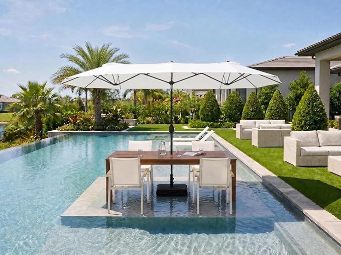 PURPLE LEAF 13ft Patio Market Umbrella with Base Double-Sided Rectangle Outdoor Table Sun Umbrellas with Crank 12 Heavy Duty Sturdy Ribs for Pool Beach Deck Backyard Cream