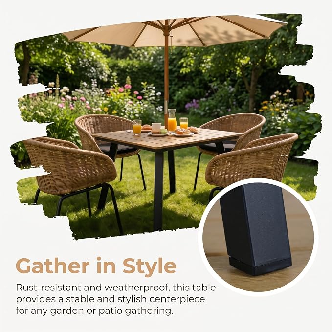 35" Square Patio Dining Table, with Umbrella Hole, Heavy Duty Iron Frame and WPC Top, All-Weather Outdoor Patio Table for Backyard, Garden and Outdoor Dining