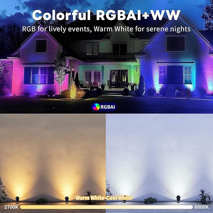 Outdoor Smart Spotlight, RGB Color Changing Landscape Lighting, 300LM Low Voltage IP65 Waterproof, LED Black Aluminum Uplights, Decorative for House Yard Garden Halloween