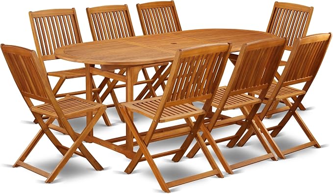 East West Furniture BSCM9CWNA 9 Piece Patio Dining Set Includes an Oval Outdoor Acacia Wood Table and 8 Folding Side Chairs, 36x78 Inch, Natural Oil