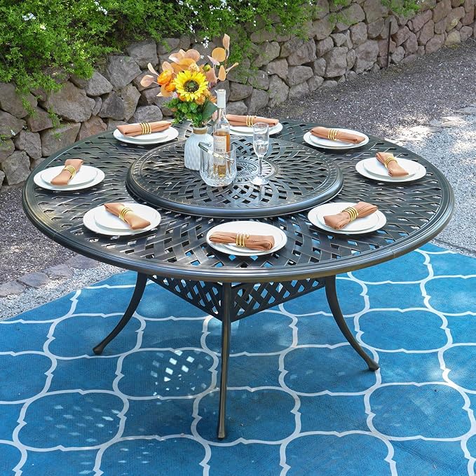 MEETWARM Outdoor 61" Round Patio Dining Table with Detachable Lazy Susan, All Weather Cast Aluminum Large Patio Furniture Table Fits for 6-8 Person with 2" Umbrella Hole, Smooth Spin, Dark Bronze