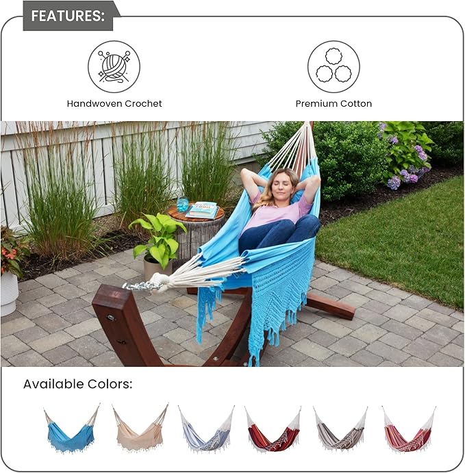 Bahia Brazilian Patio Hammock Crochet Cotton Hammock Double Hammock for Two People Outdoor Patio Swing Chair Hand Woven Mayan Hammock Use Inside Outside Backyard Decor Porch Swing - Blue
