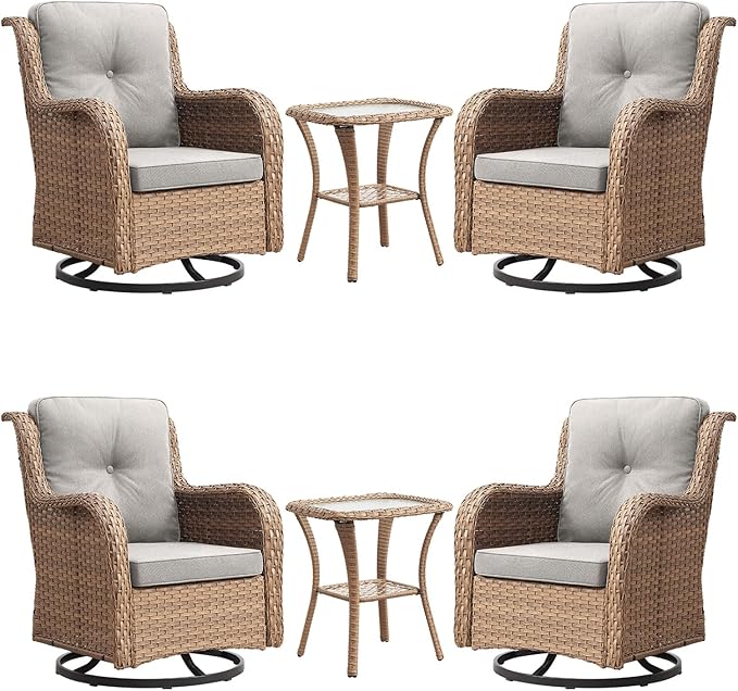 Rilyson Patio Chairs Wicker Outdoor Chair - 6 Piece Rattan Swivel Rocking Chairs Set Patio Glider Rocker Chair with Glass Top Side Table for Porch Deck Garden(Yellow/Beige)