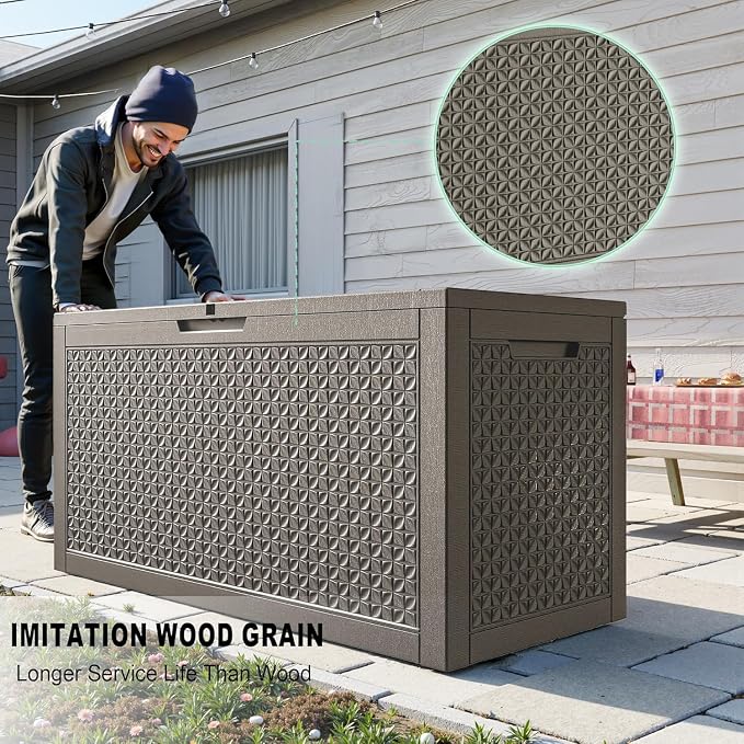 EasyUp 121 Gallon Outdoor Storage Box Waterproof, UV Resistant Resin Deck Box with Hydraulic Rod, Reinforced Stability for Patio, Garden, Quad Leaf Grey