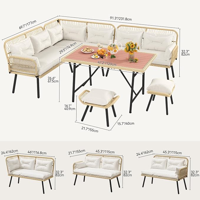 YITAHOME 9PCS Wicker Patio Furniture Set with Ottomans & Plastic Wood Dining Table, Modular Outdoor Sectional Sofa, All-Weather Rattan Sofa with Soft Cushions for Deck Backyard (Light Brown+Beige)