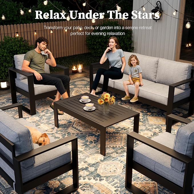 5 Piece Modern Aluminum Patio Furniture Set, Outdoor Patio Sectional Conversation Metal Seating Sets with Olefin Cushion and Coffee Table