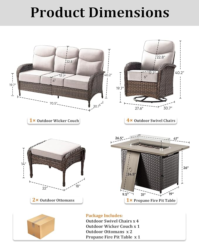 8-Piece Luxury Patio Furniture Set with 42.5" Fire Pit Table, Outdoor Wicker Sofa Couch & Swivel Rocker Chairs with 6-inch Thick Cushion, Conversation Set for Poolside, Deck & Yard - Beige
