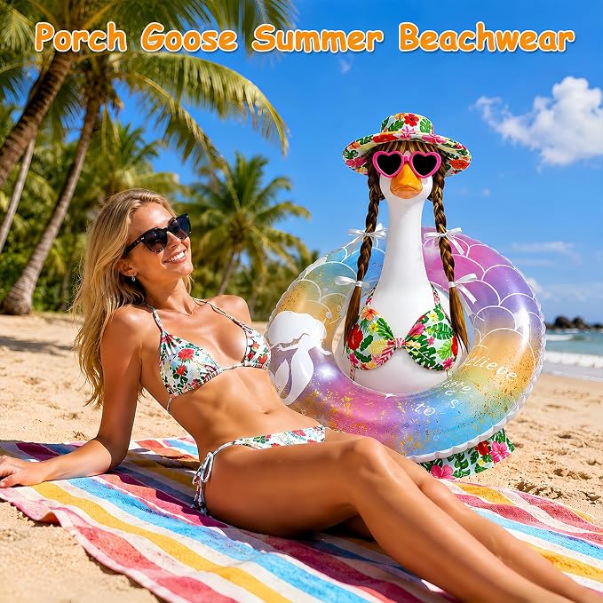 Hawaiian Porch Goose Bikini Outfits, Summer Goose Swimsuit Clothes Fits 23" Goose Statue with Cute Hat, Goose Wigs, Sunglasses & Swimming Ring for Outdoor Patio Yard Decoration