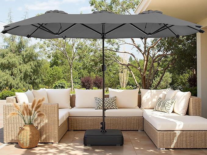 Shintenchi 16FT Large Patio Umbrella with Base Included, Outdoor Double-Sided Rectangular Shade with Crank Handle for Poolside Lawn, Deck & Garden, Gray