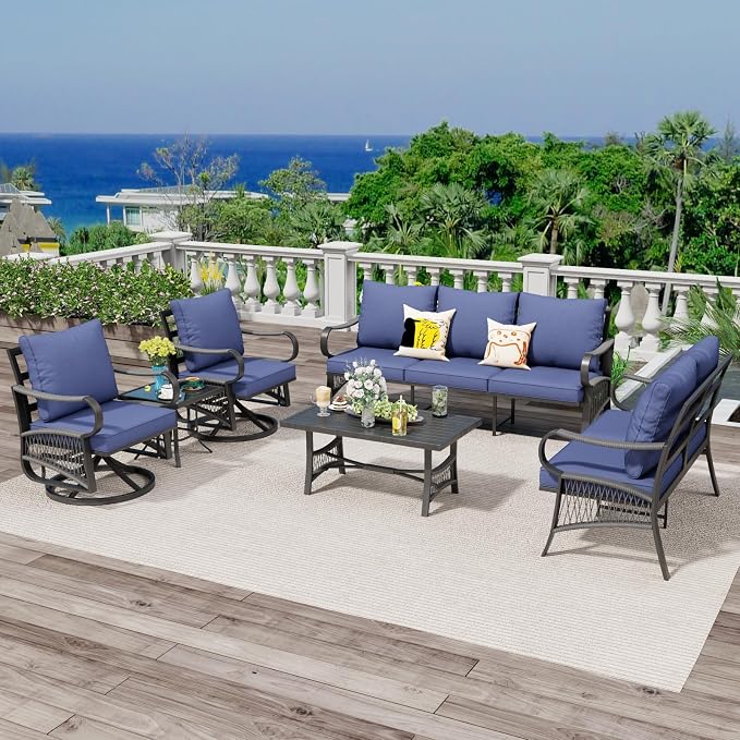 6 Piece Patio Furniture Set, 2 Single Swivel Chairs, Rope Braided Exposed with Thick Cushions, Outdoor All Weather Patio Conversation Sectional Sofa Set for Garden, Porch, Lawn, Blue