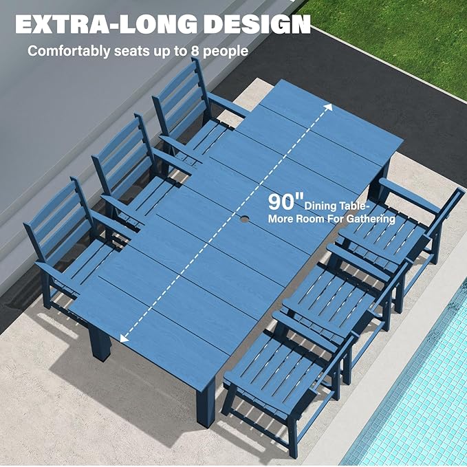 LOUNZY 9 Pieces Patio Dining Sets, 90'' Table Outdoor HDPE Furniture Set w/ 2" Hole Cut-Out Dining Table with 8 Patio Chairs for Lawn, Pool and Yard, Navy