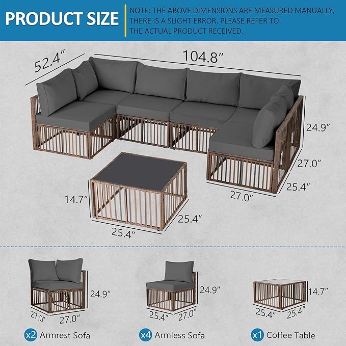 FHFO 7 Piece Patio Furniture Set, Outdoor Wicker Sectional Sofa Conversation Set Couch with Adjustable Backrest, Thick Cushion & Coffee Table for Garden, Porch, Poolside, Brown/Grey