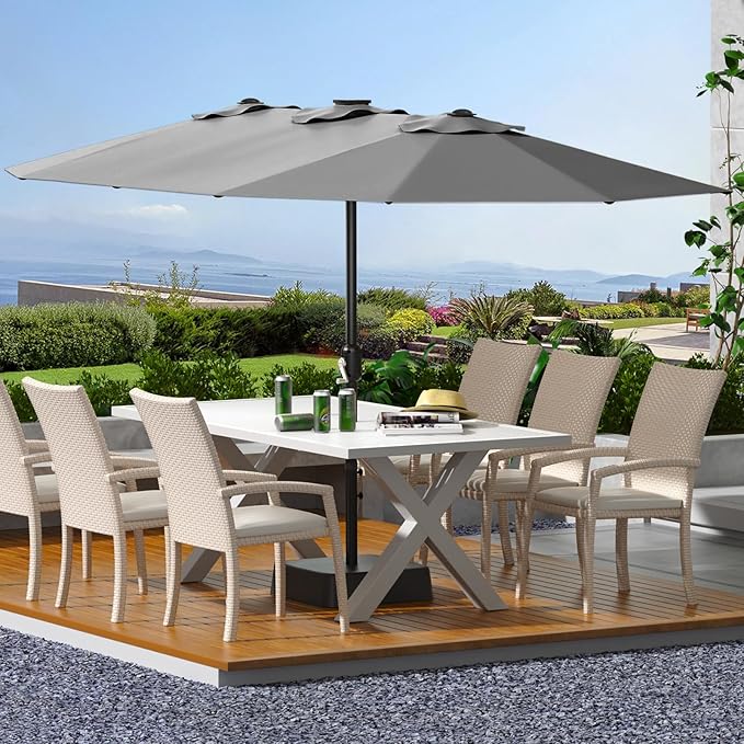 15 ft Umbrella Outdoor Patio with Base, Double-Sided Rectangular Outdoor Shade,UV & Fade-Resistant Polyester, Easy Crank Lift,Waterproof Market Umbrella for Pool, Garden, Backyard