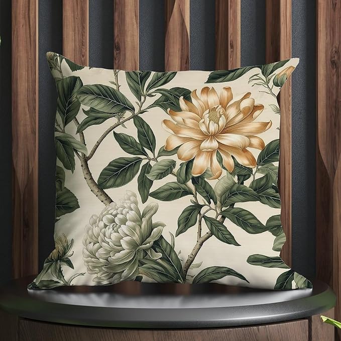 Green and White Chinoiserie Floral Pillow Cover Golden Lotus Flower Throw Pillow Cover Retro Throw Pillow Covers Farmhouse Decorative for Patio Tent Couch 22x22 in
