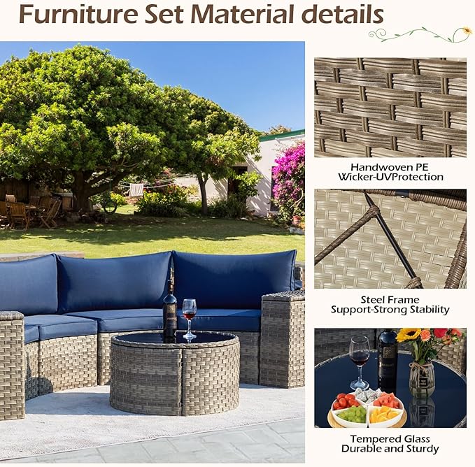 ECOTOUGE Half Moon Patio Furniture Set, 7-Piece All-Weather Wicker Curved Sofa Set, Half Moon Outdoor Couch with High Backs, Fit for Pool Backyard Balcony Garden(Blue)