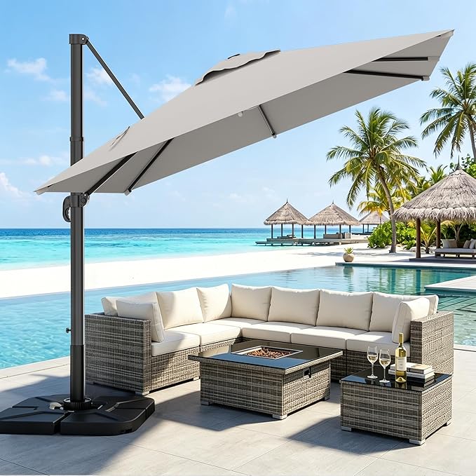 AreShark 10 × 10FT Square Cantilever Patio Umbrella with Base Included, 360° Rotation Offset Outdoor Umbrella, 5 Tilt Settings Heavy Duty Hanging Parasol for Deck Garden Pool, Light Grey