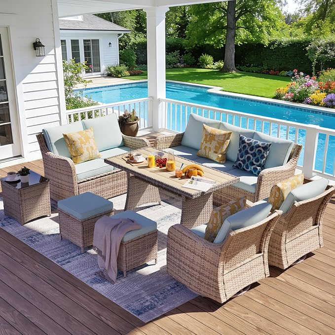 MEISSALIVVE 8 Pieces Patio Furniture Set with Swivel Rocking Chairs, Patio Conversation Set with Dining Table, Patio Dining Set with Waterproof Cushions for Lawn Backyard Porch (Blue)
