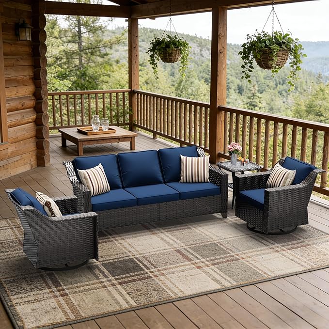 4 Pieces Patio Conversation Furniture Set - 1 Sofa, 2 Swivel Chairs, 1 Side Table, Outdoor Wicker Furniture with Removable Cushions for Porch, Balcony, Sunroom (Blue)